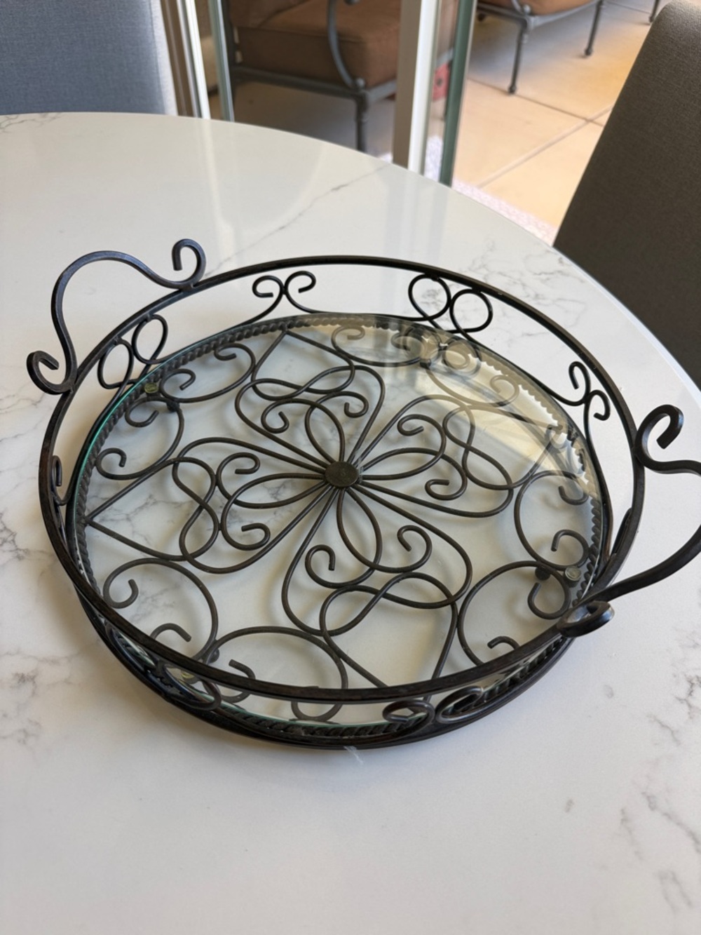 Southern Living At Home Scrollwork Metal and Glass Serving Tray in Bronze
